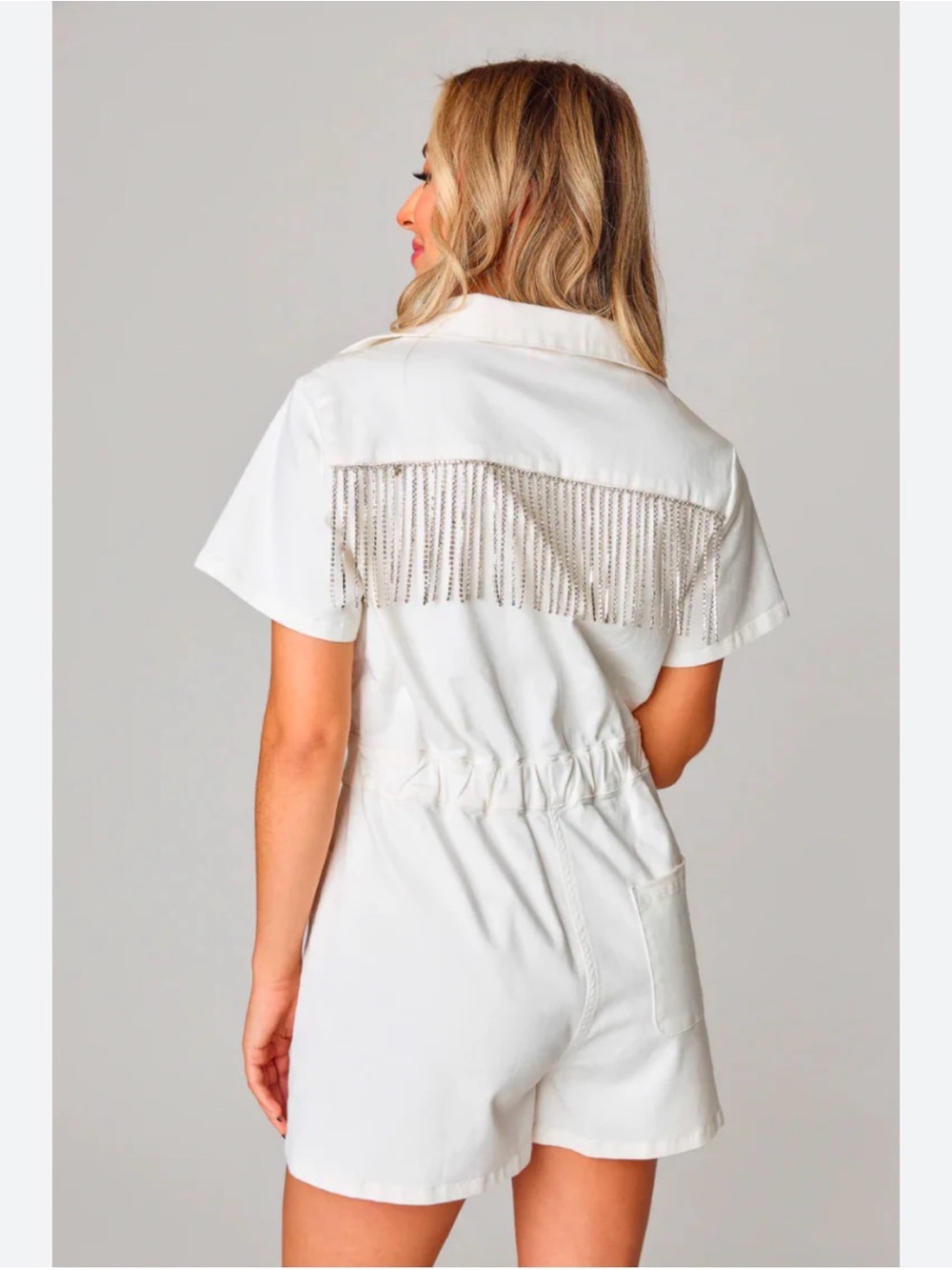 Cloud Ten White Short Romper with Rhinestone Fringe Back Detail Small